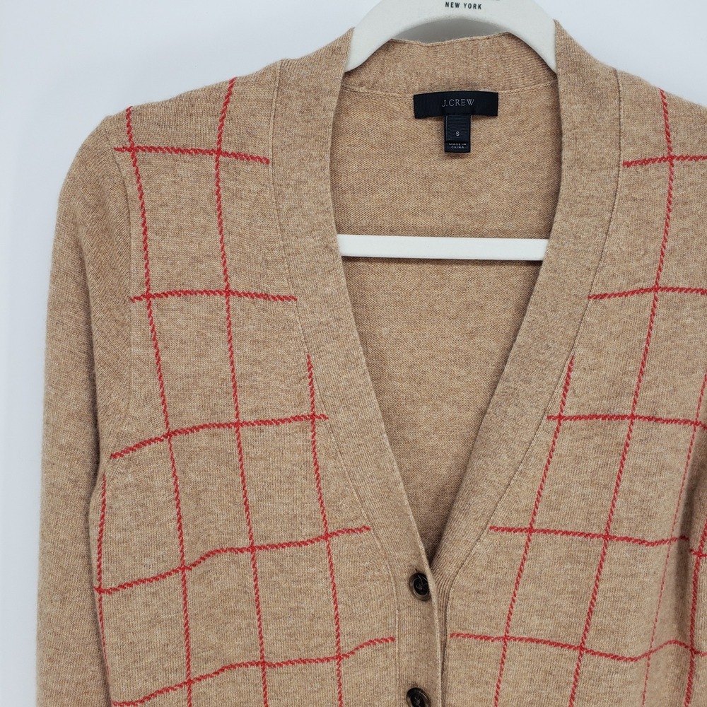 J Crew Windowpane Plaid Cardigan Sweater Womens S Camel Tan Wool Cashmere V-Neck - Picture 4 of 8